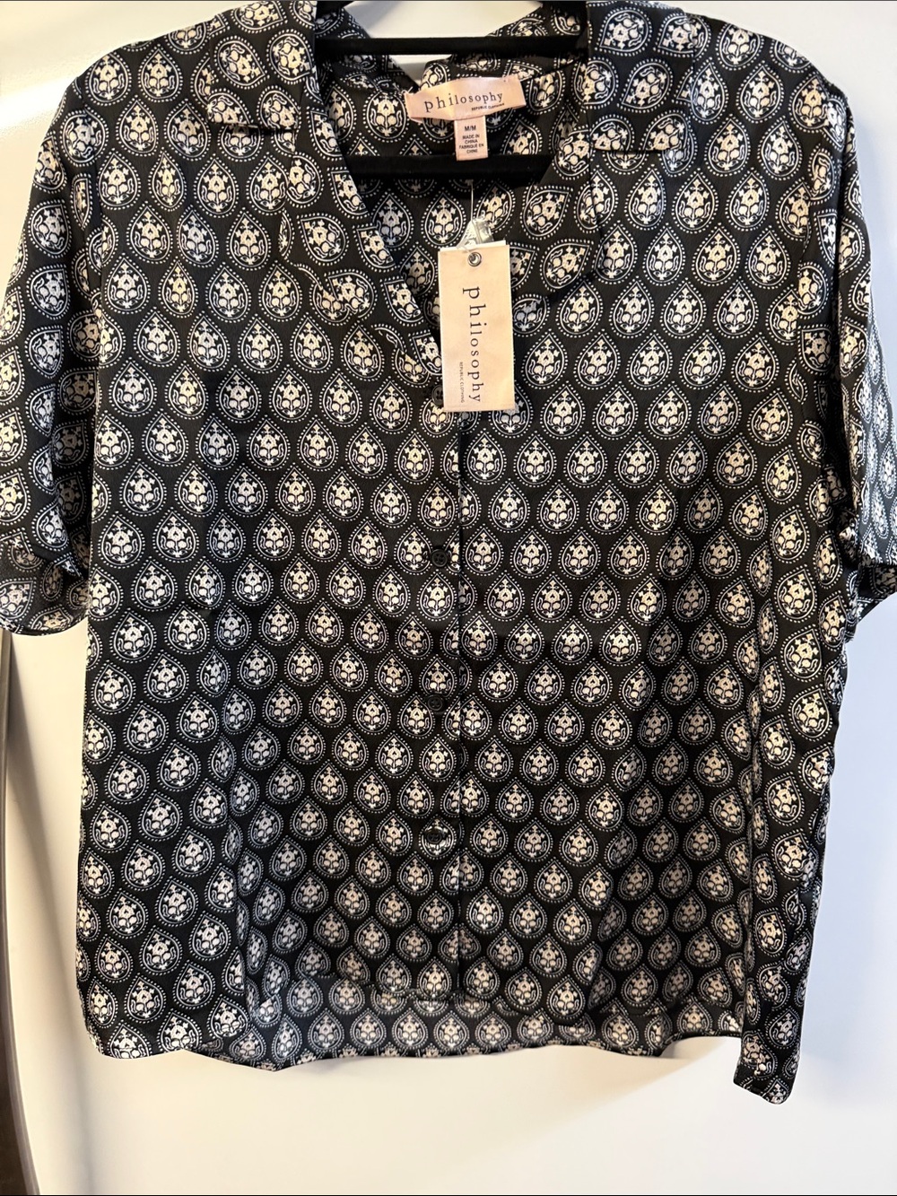 Philosophy Republic Black White Teardrop Camp Collar Blous